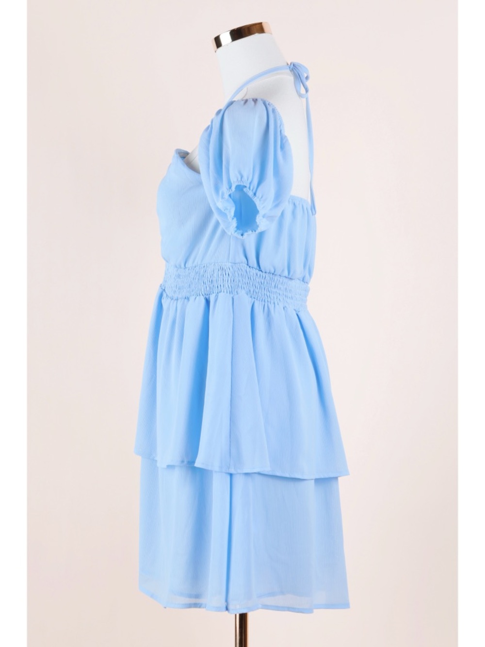 Sz L Promesa Powder Blue Breezy Halter Off-Shoulder Ruched Tiered Mini Dress NWT - Picture 3 of 5